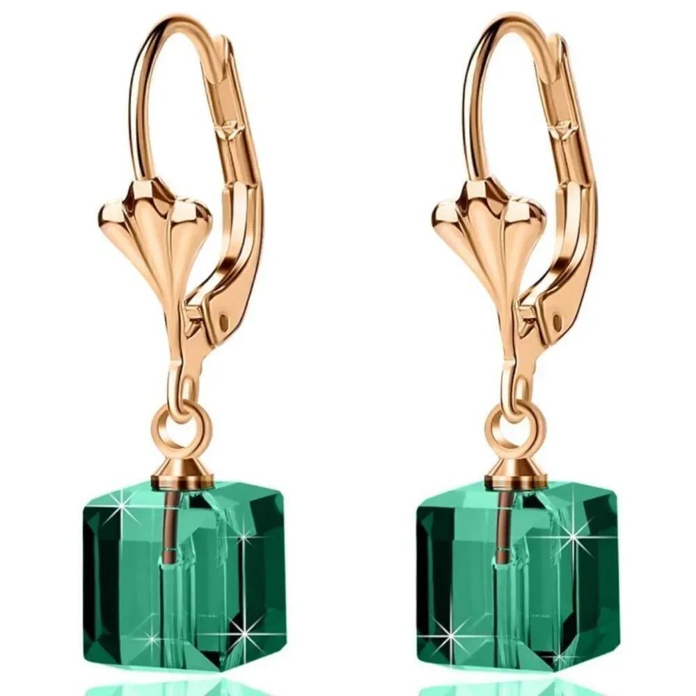 14K Yellow Gold with Emerald Green Austrian Crystal Cube Leverback Drop Earrings